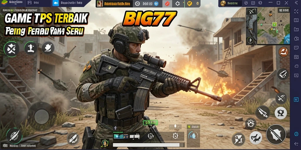 Screenshot utama menunjukkan aksi intens dalam pertempuran TPS.