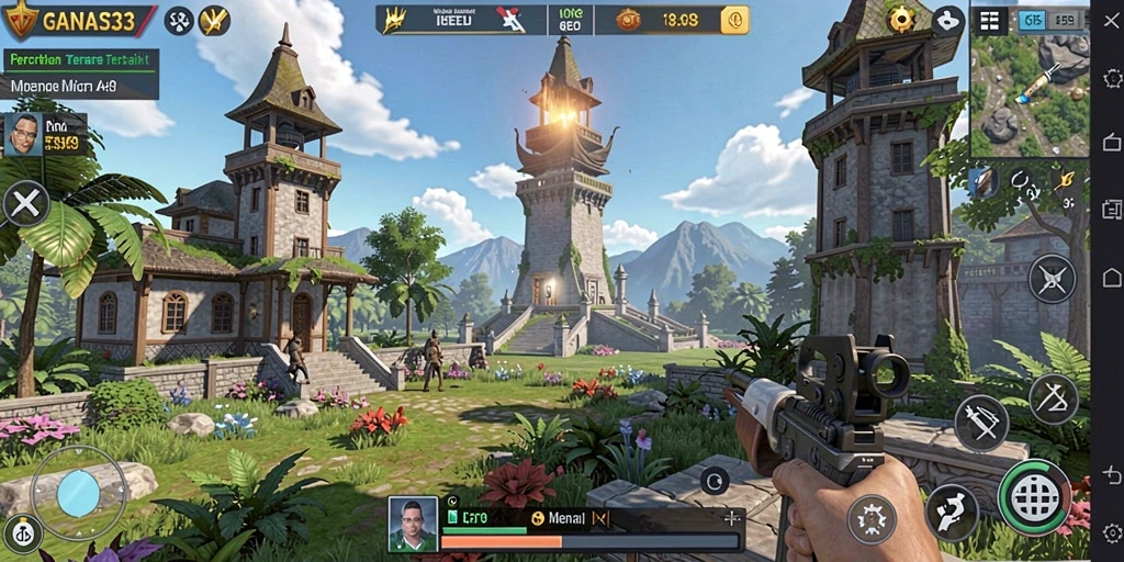 Screenshot gameplay GANAS33 menunjukkan pertarungan menara yang mendebarkan dan strategi yang harus diterapkan.