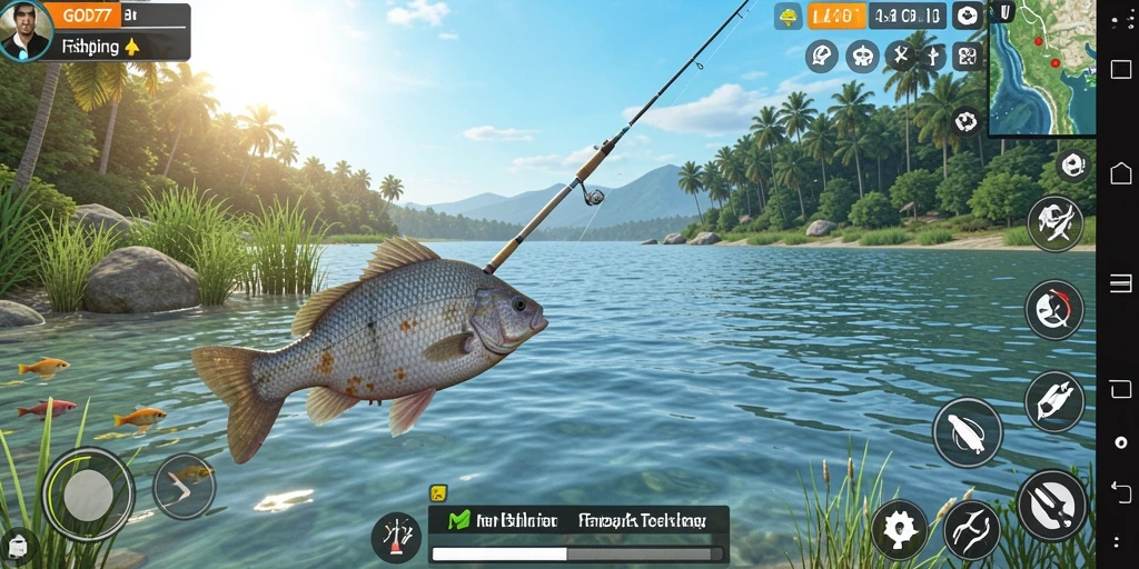 Gameplay GOD77 yang menawan saat pengguna memancing di danau.