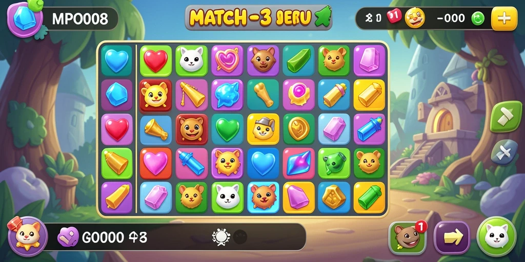 Screenshot MPO08 memperlihatkan gameplay mencocokkan buah yang seru.
